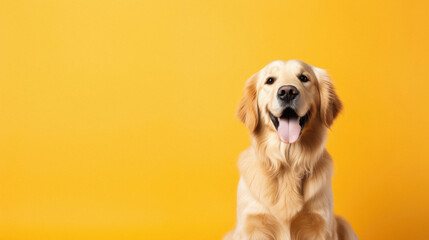 Cute golden retriever dog on yellow background. Copy space .