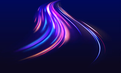 Long exposure of motorways as speed. Neon spiral lines in yellow blue and purple colors. Image of speed motion on the road.
