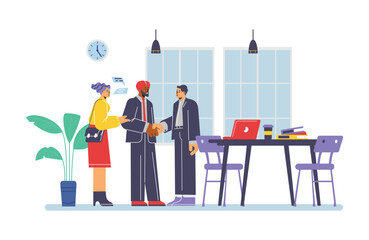 A woman translator translates a conversation between two men of different nationalities, vector multilingual service