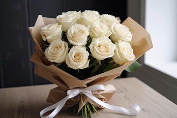 a bouquet of white roses is wrapped in brown paper on a table