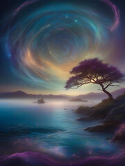Obraz premium A tree hanging over the sea shimmers in the evening light Ai generator image.