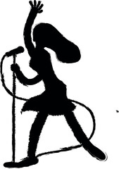 young beautiful girl sings a song into the microphone vector icon in grunge style