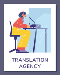 Woman multi language translator in microphone help understanding and interpreting, translation agency vector poster