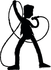 Young man singing with microphone cartoon character vector Illustration vector icon in grunge style