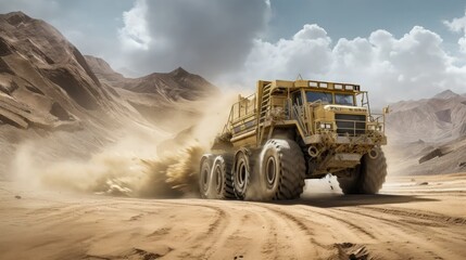 Unleash the Power: Witness the indomitable force of quarry machinery as colossal truck tires leave their mark on the open sand pit. - obrazy, fototapety, plakaty