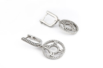 Luxury silver round earrings big jewelry for women isolated on white background, clipping path included