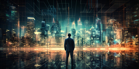 Successful businessman standing in futuristic cityscape office,Corporate Success in the Future: Businessman in Cityscape