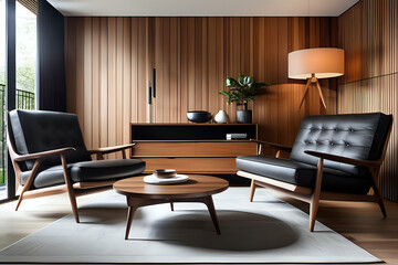 Elegant modern wooden living room with leather mid century armchair. Side view