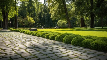 Obraz premium City green living: new grass carpet along stone pavement in a sunny park.