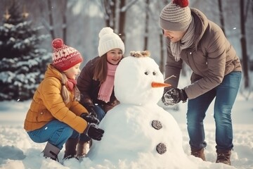 Fototapeta na wymiar Happy father, mother and kids gathering in snow-covered park together sculpting funny snowman from snow. Parents and children playing outdoor in winter forest. Family active holiday comeliness