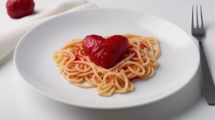 Heart-shaped plate with pasta spaghetti and tomato sauce, a symbol of love, romance, and Valentine's Day. Romantic dinner, creating an atmosphere of affection and celebration concept.