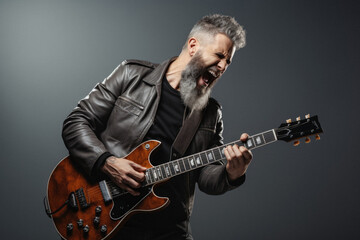 Handsome bearded man in leather jacket playing electric guitar on grey background