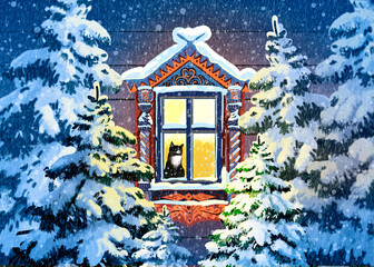 New Year's card. The cat in the window looks at the winter landscape. in the foreground there are Christmas trees in the snow and night. house
