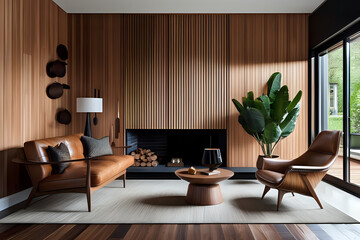Elegant modern wooden living room with leather mid century armchair. Close up