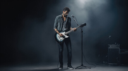 Man playing the guitar on stage with smoke and lights in the background