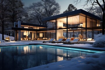 An opulent modern home shines with elegant evening lighting, highlighting its sleek design and inviting pool