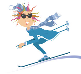 Skiing young woman illustration. 
Winter sport. Young skier woman. Isolated on white background
