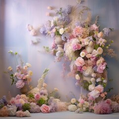 A dreamlike display of blooming flowers showcasing a symphony of pastel-toned petals creates a...