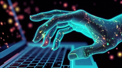 A compelling digital blue hand stretches out from a computer screen, symbolizing the blend of human and digital worlds