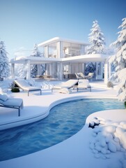 A beautiful and elegant modern home set amidst a snowy winter landscape with poolside loungers