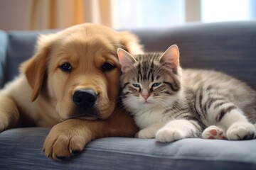 Cute dog and cat are lying next to each other on the sofa. Cozy homely atmosphere. Friendship between pets.