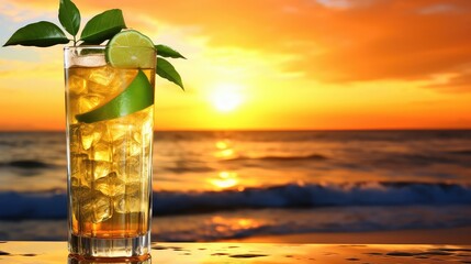 ice glass mojito drink sunset illustration fresh summer, exotic alcohol, cold margarita ice glass mojito drink sunset - obrazy, fototapety, plakaty