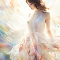 Spring's Ethereal Happines: A Delicate Woman in a Transparent, Painted White Dress. Bride. Walk. Dance.