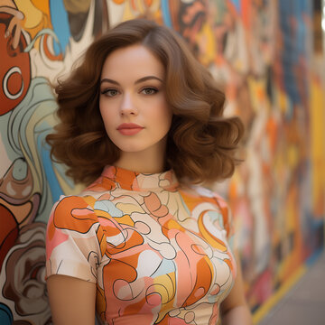 Urban Mural Art: Young, Fashionable Woman Posing Against Vivid Graffiti with Retro Vibes from the 60s and 70s.