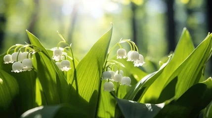 Poster Floral perfection: macro view of wild Lily of the Valley in a garden © pvl0707