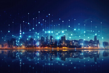 Modern cityscape at night with connection lines and icons over water surface