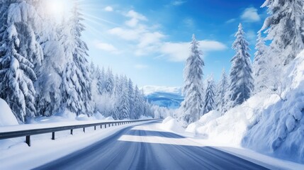 Scenic winter drive: alpine road with tunnel, mountains, and bright sky