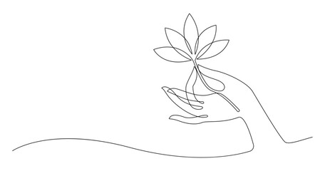 Continuous one line Hand of buddha holding lotus flower vector.