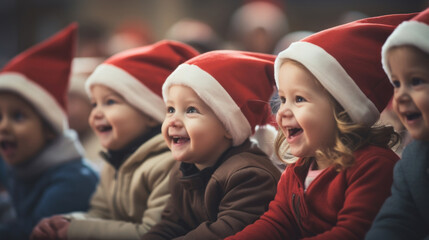 Happy kids in Santa hats in kindergarten