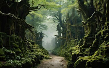 Green forest in the morning with a pathway.