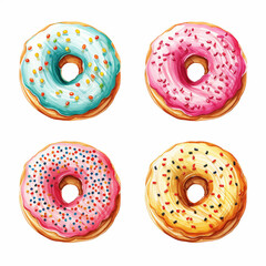 Set of donuts with sprinkles. Watercolour illustration isolated on white background.