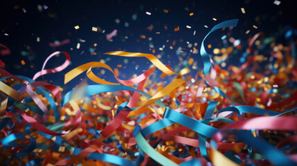 Abstract background with confetti on colorful ribbons on dark background