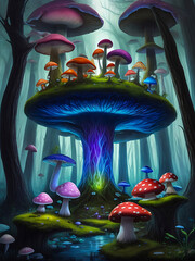 Enchanted Forest with Colorful Mushroom