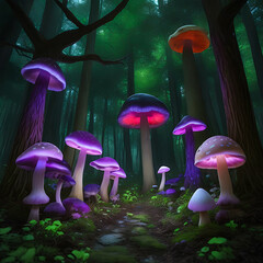 Enchanted Forest with Colorful Mushroom