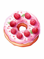 Fototapeta premium Raspberry pink donut with sprinkles. Watercolour illustration isolated on white background.
