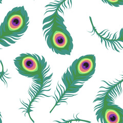 Fototapeta na wymiar Green peacock feathers on white, seamless pattern, cartoon vector