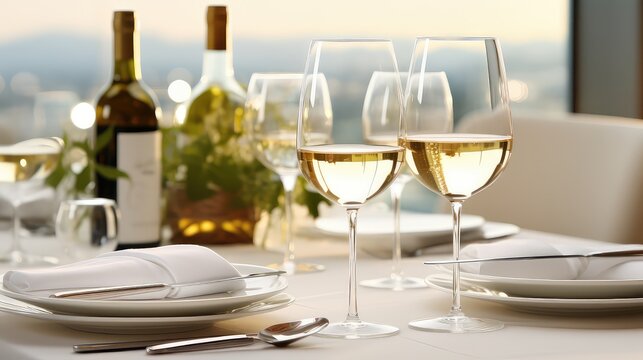 banquet white wine drink elegant dinner setting illustration interior decoration, table dish, cutlery tableware banquet white wine drink elegant dinner setting