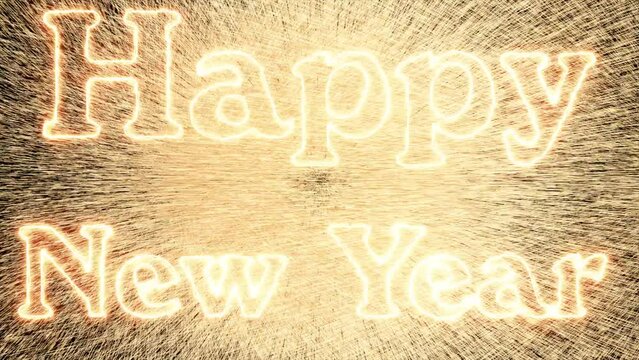 Happy New year, Golden Firework background, New Year Celebration. Fire text that says Happy New Year. 