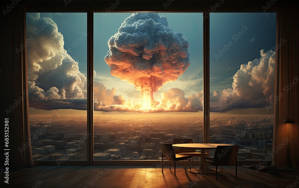 Canvas Prints the mushroom cloud explodes at the city view from the balcony.