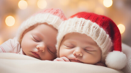 Two newborn in Santa hats in kindergarten