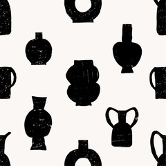 Seamless repeat pattern with hand-drawn trendy clay pots, vases, jugs, jars collection. Neutral colors ceramics design elements, pottery vector wallpaper. - 685153358