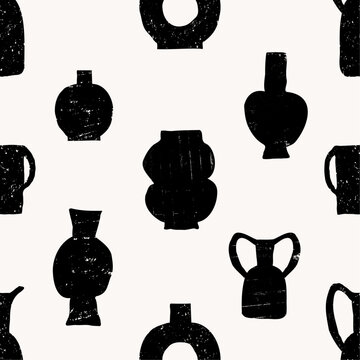 Seamless repeat pattern with hand-drawn trendy clay pots, vases, jugs, jars collection. Neutral colors ceramics design elements, pottery vector wallpaper.