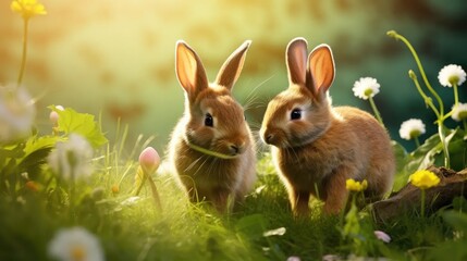 Visualize nature's sweetness: adorable bunnies grazing in sunny garden.