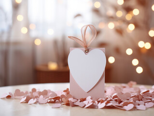 Heart Shape Gift Tag with Ribbon on Pink Background with Gold Bokeh. Empty Paper Card Tag. Valentine, Mothers Day, Women's Day, Charity Concept.
