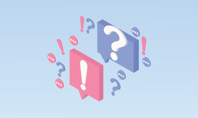 3d minimal QA Speech bubble with question and exclamation mark icon. Talk message box with question sign. FAQ symbol concept.on pastel background