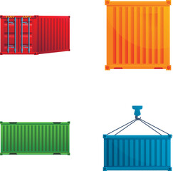 Cargo container icons set cartoon vector. Industrial crane hook and container. Freight shipping concept